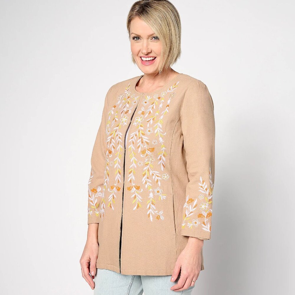 GRAVER Susan Graver Regular Embroidered Cotton Topper - Taupe Sz 3X a630816